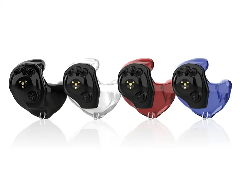 black, white, red, and blue hearing protection molds for hunting